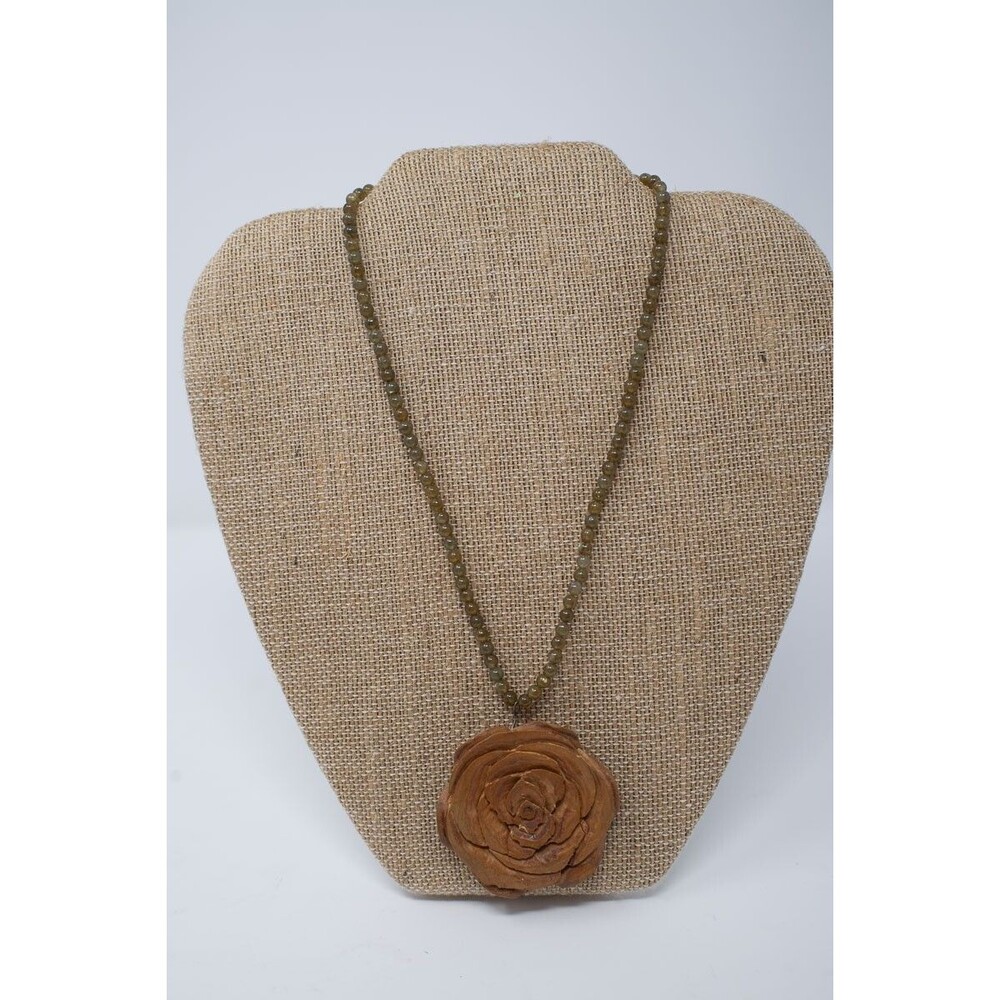 Wood carved rose pendant natural stone necklace boho western casual festival